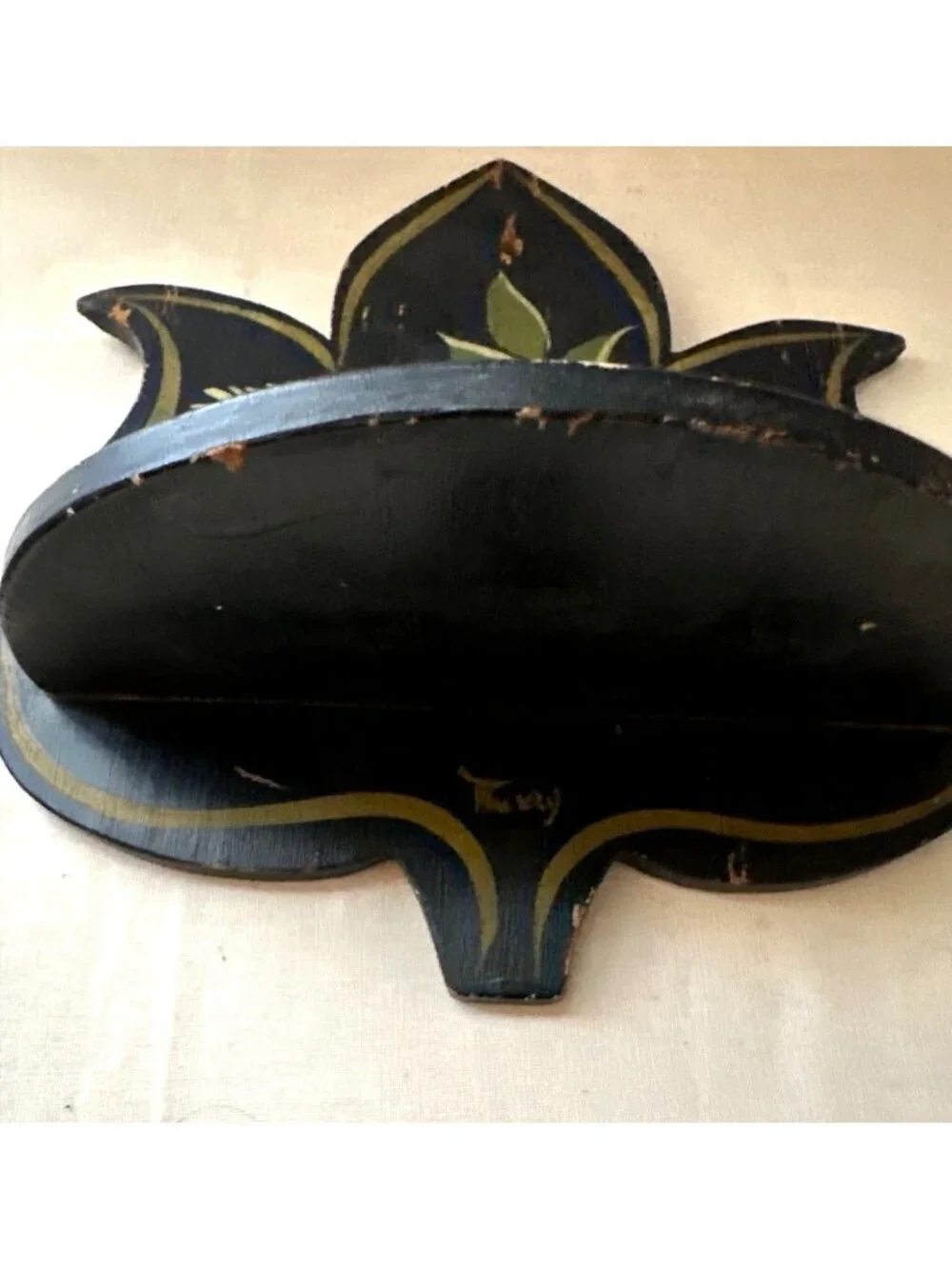 Vintage Black Wooden Wall Shelf Floral Design Finish Charming Folk Art Rustic